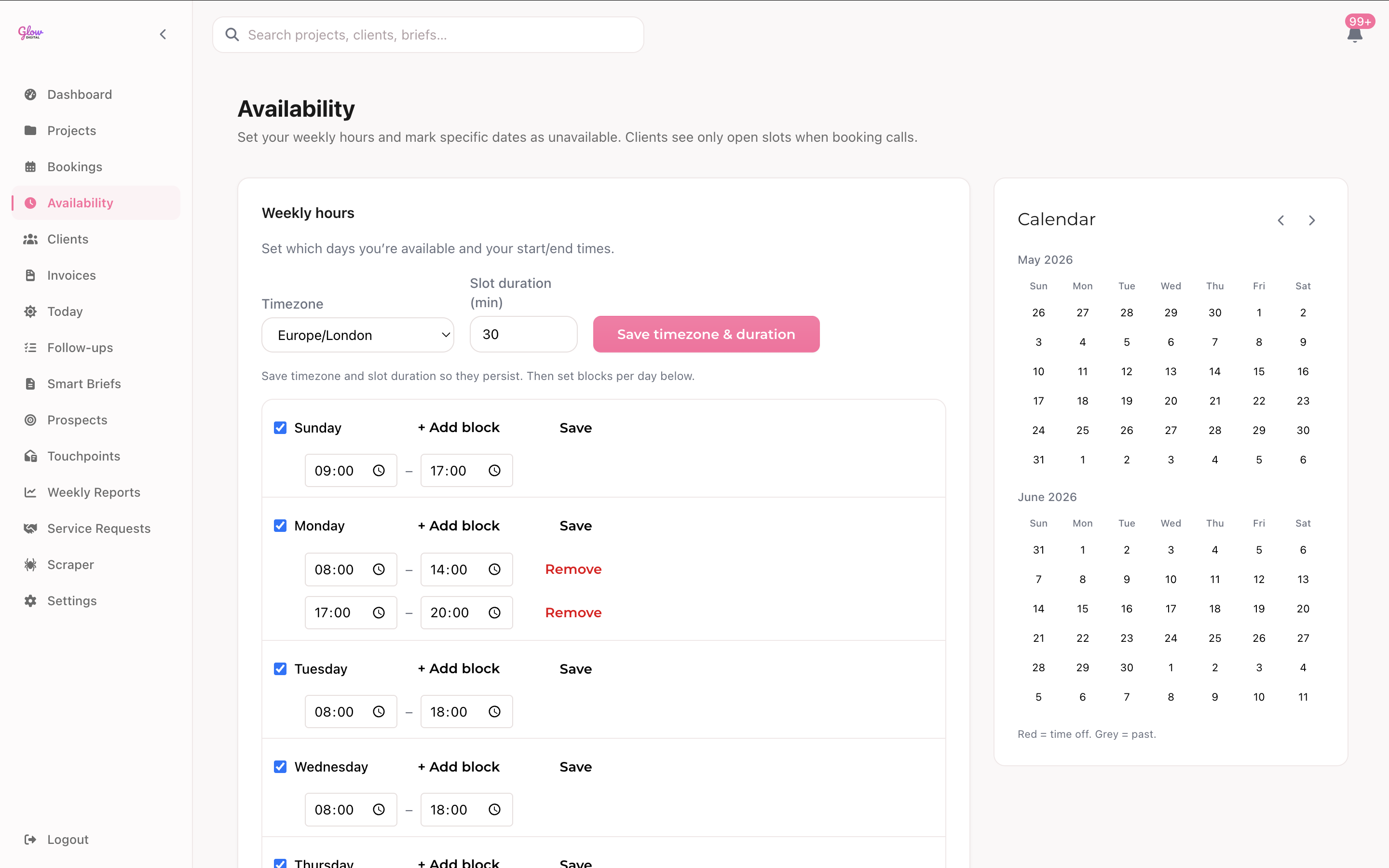 Glow Digital CRM, availability and scheduling view